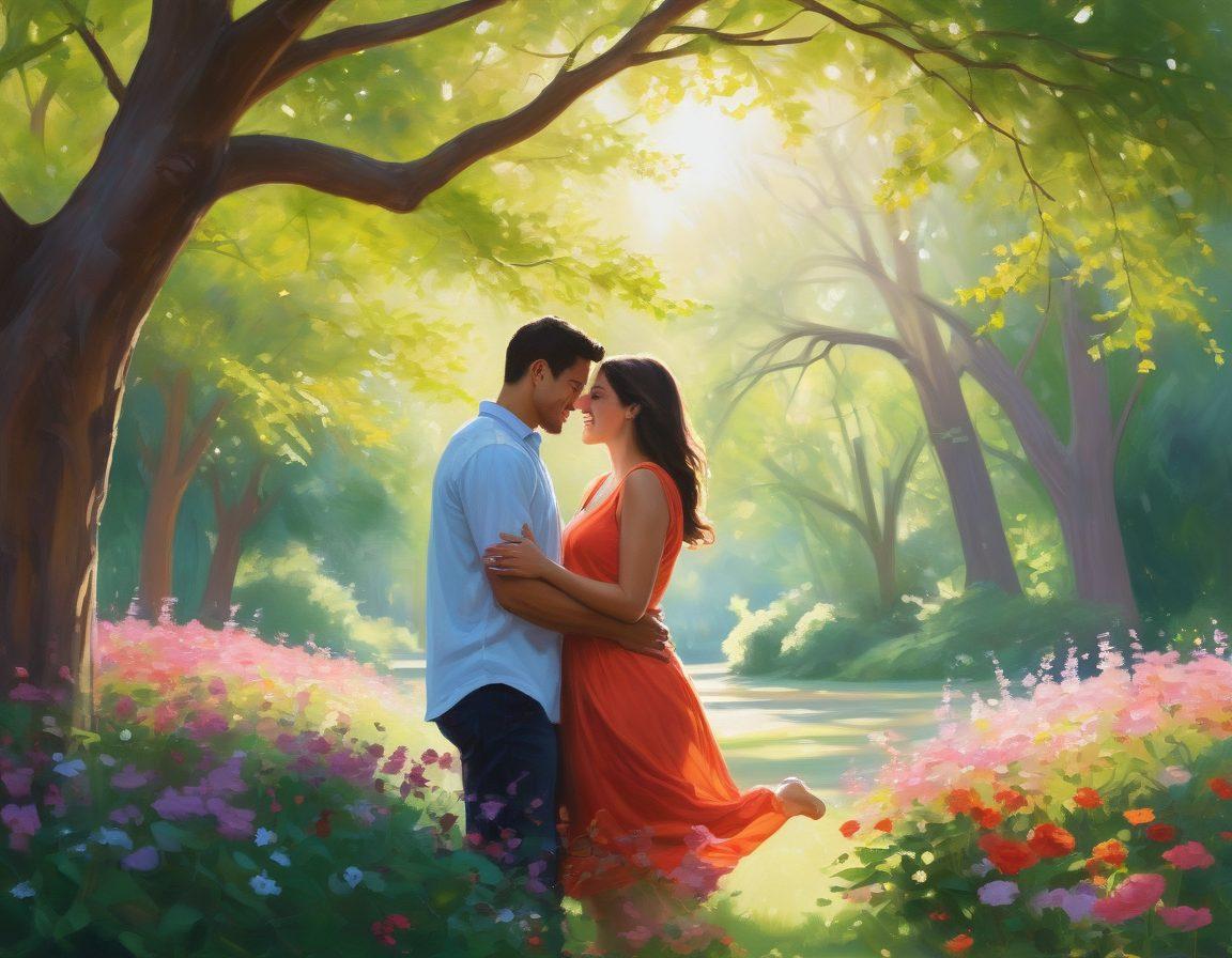 A warm and inviting scene depicting two people sharing a joyful moment in a sunlit park, surrounded by blooming flowers and gentle greenery. They are engaged in deep conversation, with expressions of happiness and understanding on their faces. In the background, silhouettes of diverse couples enjoying their time together, symbolizing connection and love. Soft, glowing light filtering through the trees, evoking a sense of peace and intimacy. painting. vibrant colors. natural light.