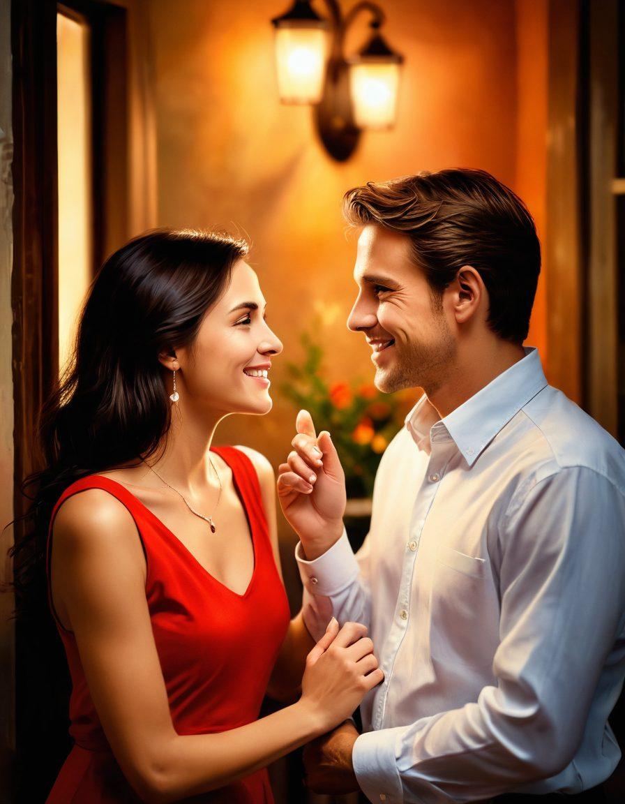 A harmonious couple engaged in a deep conversation, surrounded by a cozy, intimate setting with warm lighting. Emotionally supportive gestures like hand-holding and smiling enhance the scene, symbolizing effective communication and connection. Subtle heart motifs in the background to emphasize romance. soft focus. romantic atmosphere. vibrant colors. painting.