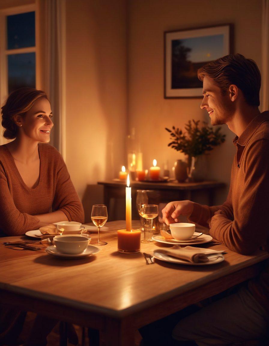 A cozy scene featuring a couple sitting at a dinner table, surrounded by warm candlelight, engaging in deep conversation with soft smiles. Subtle hints of conflict resolution materials like a guidebook or a peaceful symbol in the background. The atmosphere is inviting, with rich colors that convey warmth and connection. super-realistic. warm tones. intimate setting.